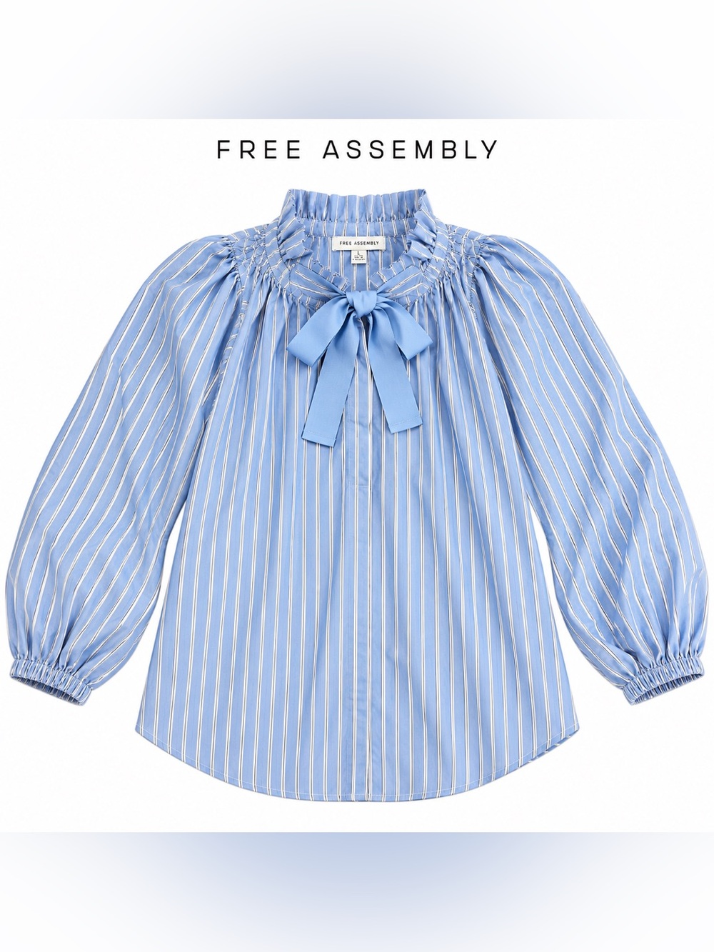 NWT Free Assembly Quark Blue Stripe Tie Neck Puff Sleeve Blouse Size L